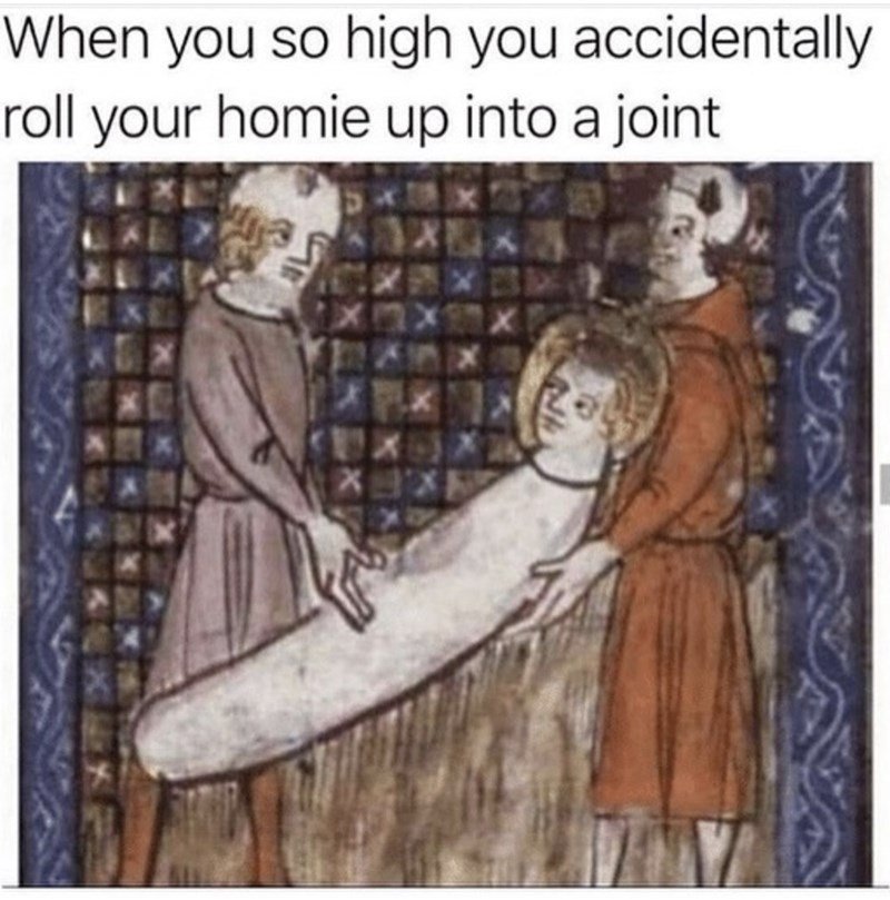 a-joint-above-a-medieval-painting-of-two-men-holding-a-third-men-who-is-wrapped-up-like-a-burrito
